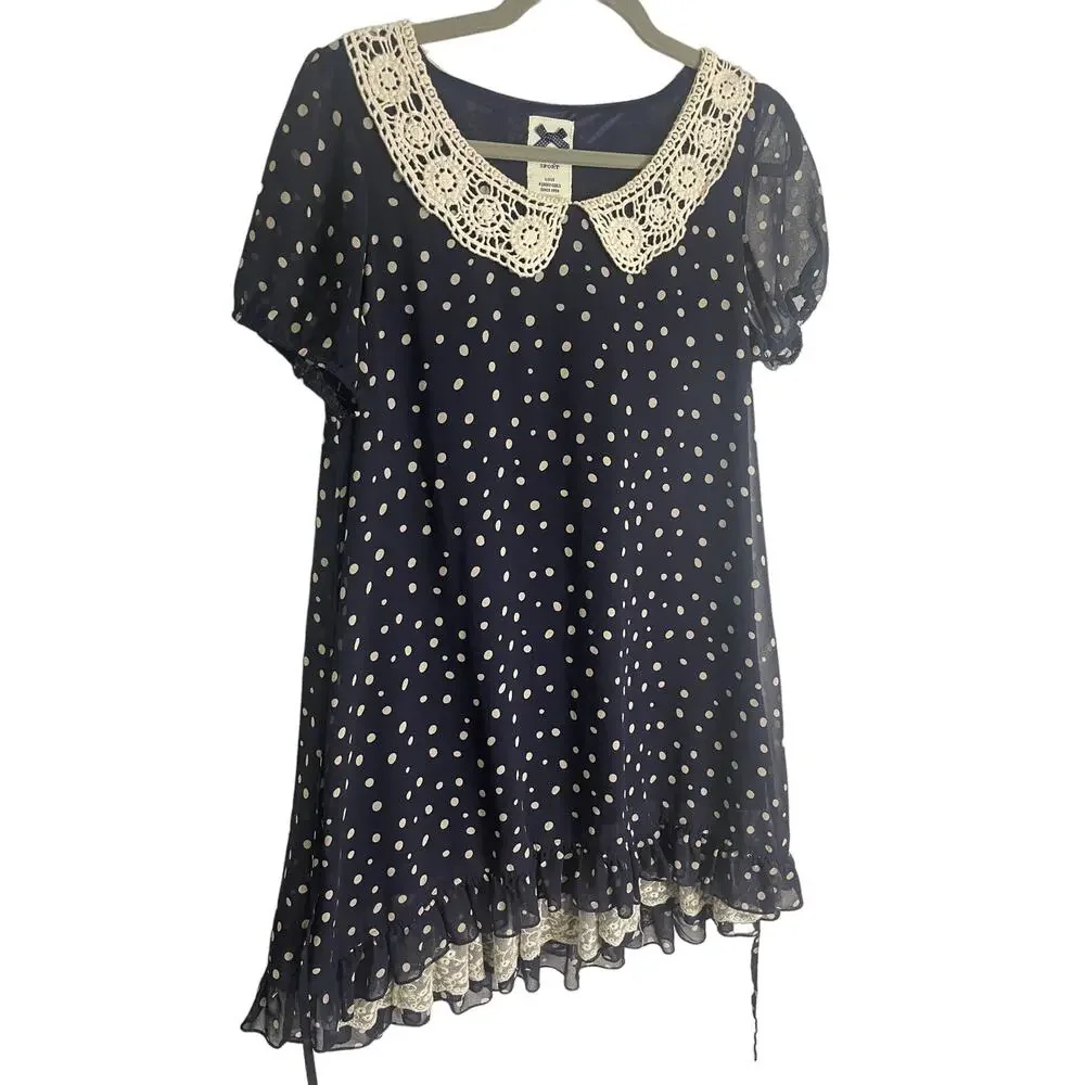 La Chapelle Mini Dress Polka Dot Lace Coquette Victorian Cottagecore Peter Pan M